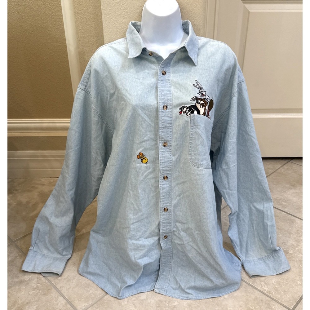 Vintage 90s Warner Bros Looney Tunes Embroidered‎ Denim Shirt Men's XL Pocket